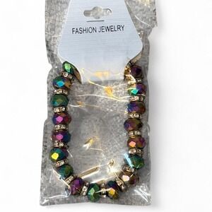Multicolor Iridescent 10mm Glass Crystal Beaded Stretch‎ Bracelet
